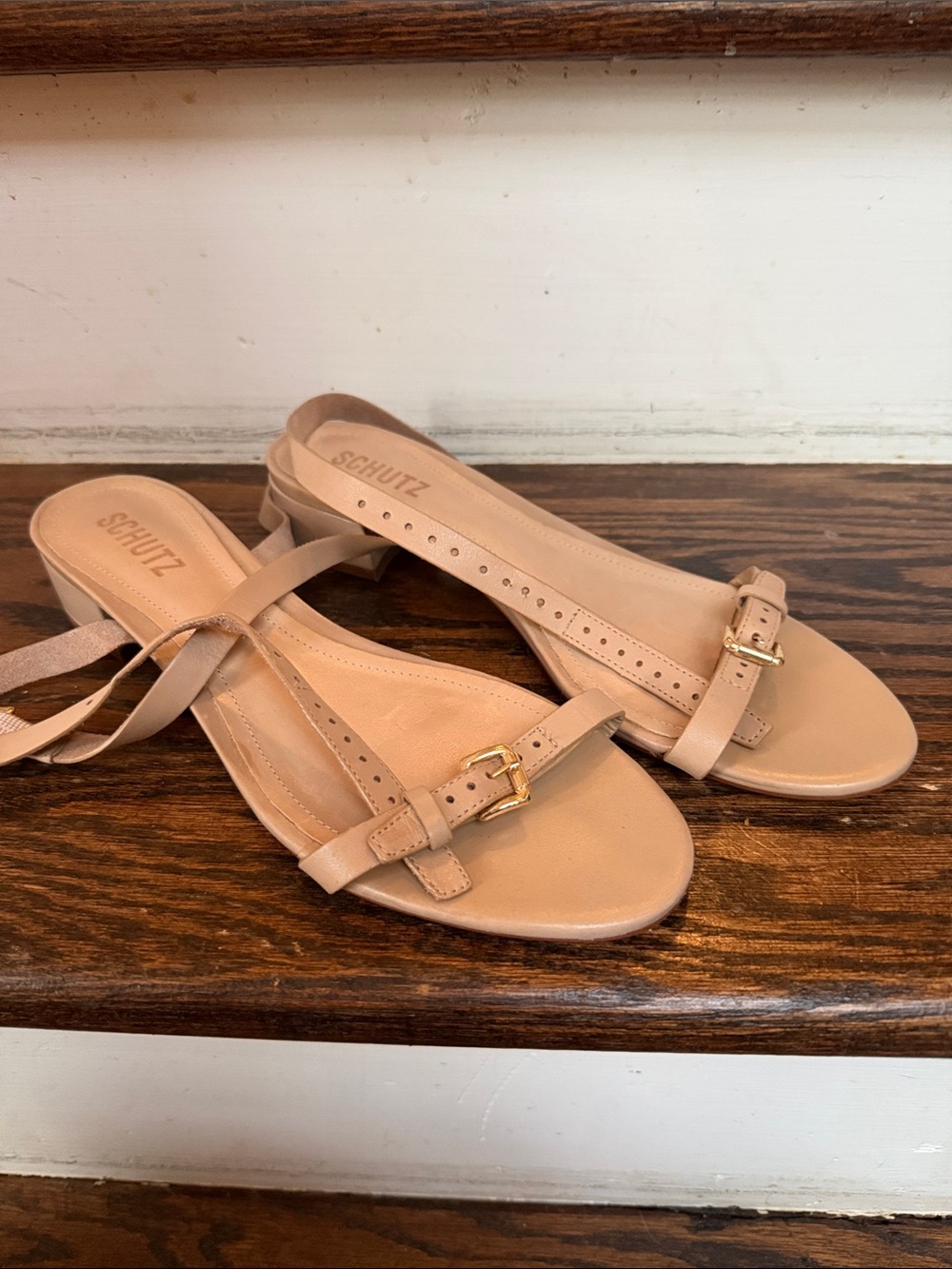 SCHUTZ Beige Leather Buckle Low Heel Sandals